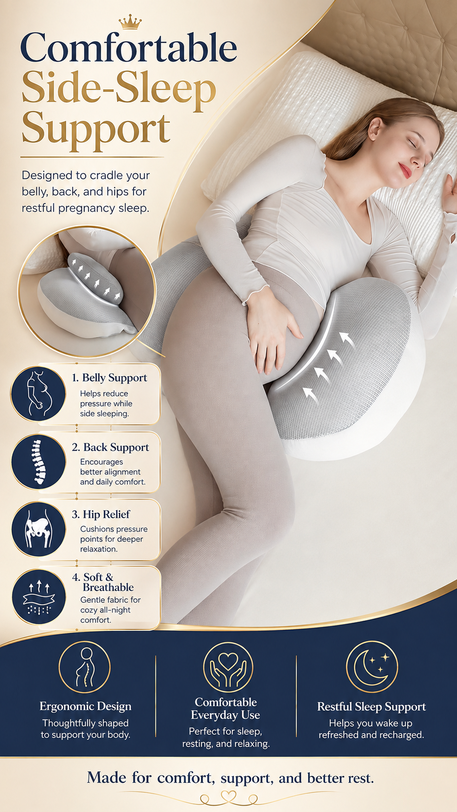 BellyEase™ Cotton Bump Support Pillow — Adjustable Pregnancy Side-Sleeping Cushion